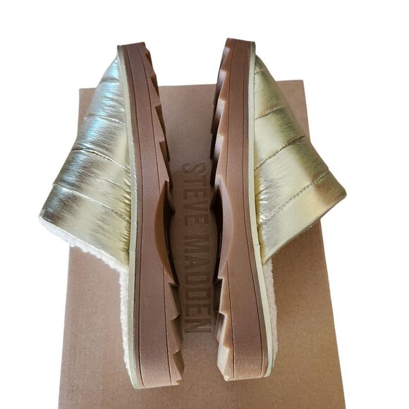 Steve Madden Chex Gold Metallic Quilted Slippers Faux Fur Lining Size 6 NIB - Picture 3 of 10